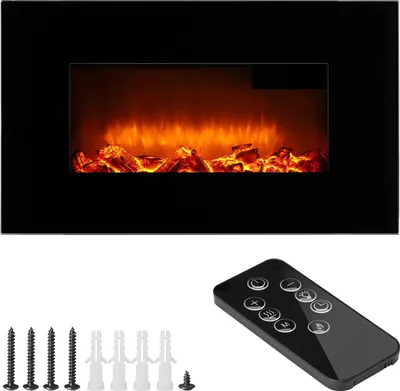 A black electric fireplace with a simulated flame effect, along with its remote control and mounting hardware.