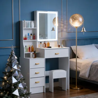 Image de Table de maquillage LED - Blanche - 90x40x140 cm - En MDF et verre - Miroir de maquillage - Table de maquillage moderne