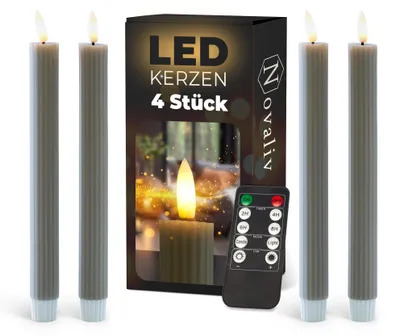 Obrázok produktu pre LED svietiace stĺiky s časovačom, farba: taupe/sivá, 4 kusy, vhodné do interiéru, doba svietenia: 6 hodín. Vyrobené z pravého vosku, textúrované, výška 23 cm, priemer 2,2 cm. Potrebné 2 batérie typu AAA. LED svietiace stĺiky s efektom blikotavej a pohyblivej plamienky