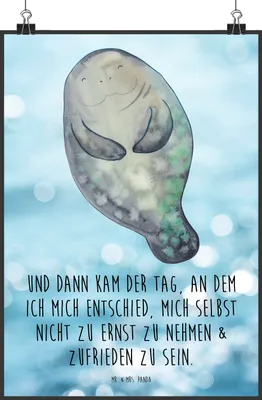 Produktbild von Mr. & Mrs. Panda Bild Seekuh Happy DIN A0 - Oceanblue - Geschenk, Wandbild, Meer, wanddeko, Liebeskummer, Wanddekoration, Neustart, Plakat, Respekt, drucke, Freundin