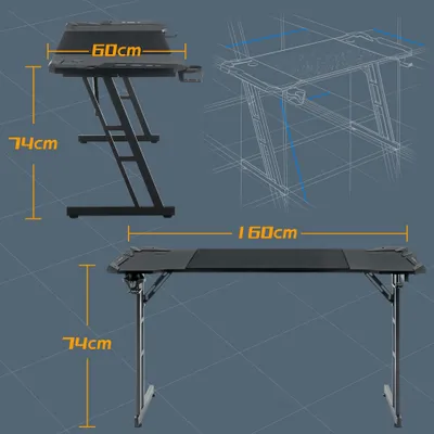 A collage of images showing a gaming desk from different angles, with dimensions indicated.