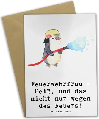 Produktbild von Mr. & Mrs. Panda Grußkarte Feuerwehrfrau Heiß - Weiß - Geschenk, Leben retten, Klappkarte, weihnachtskarten, einladungskarten, Heldinnen, Berufsgestaltung, Brände löschen