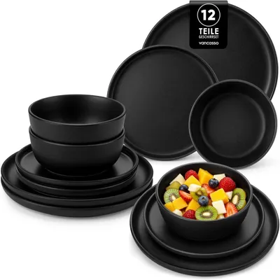 Produktbild von Geschirrset 12-teilig für 4 Personen Steingut Schwarz Tafelservice mit Tellern & Schalen Spülmaschinenfest Mikrowellengeeignet