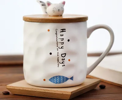 Produktbild von 360Home Cartoon Keramikbecher mit Deckel und Rührlöffel A-yuxiadantiao