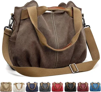 Produktbild von Handtasche Damen Canvas Schultertasche Multifunktionale Umhängetaschen Casual Hobo Groß Taschen für Arbeit Schule Beach Shopper, braun