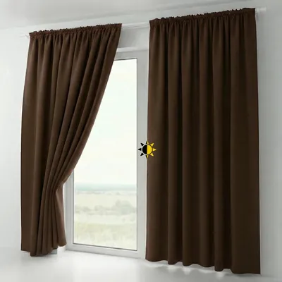 A pair of dark brown blackout curtains hanging on a window.