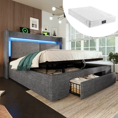 Produktbild von MODFU Polsterbett 160x200 Doppelbett mit Stauraum und Kopfteil mit Aufbewahrungsfach,Holzlatten-Bettgestell mit LED-Beleuchtung sowie USB & USB-C Anschluss,mit Matratze,Grau