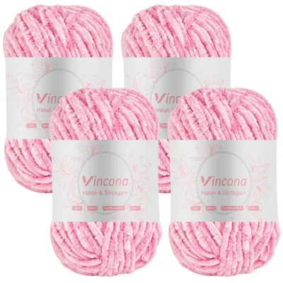 Produktbild von Chenille Wolle zum Häkeln und Stricken 4 x 100g Hellrosa 100% Polyester Nadelstärke 5-6