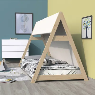 Produktbild von HAUSBETT TIPI / Kinderbett 70x140 cm mit Stoff und Lattenrost - Naturholz