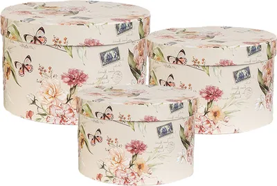 Produktbild von Clayre & Eef Aufbewahrungsbox 3er Set Ø 24x16 / Ø 22x15 / Ø 21x13 cm Beige Karton Blumen