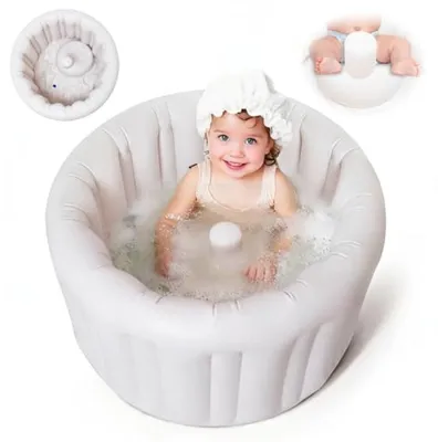Produktbild von PromoHome® Aufblasbare Babybadewanne – faltbar, tragbar, rutschfest, mit dickem Kissen, für Babys 6-24 Monate, Grau, 68x68x39 cm