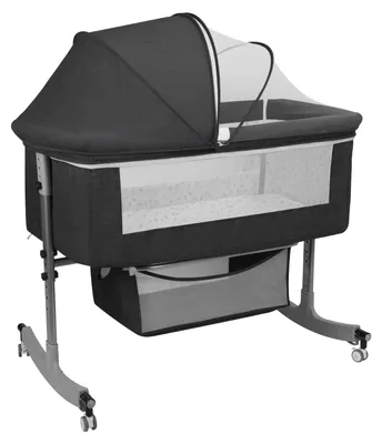 Produktbild von 3-in-1 Multifunktions-Beistellbett mit Aufbewahrungskorb, 6-fach höhenverstellbares Babybett mit Moskitonetz, tragbare, umbaubare Babywiege mit Rollen