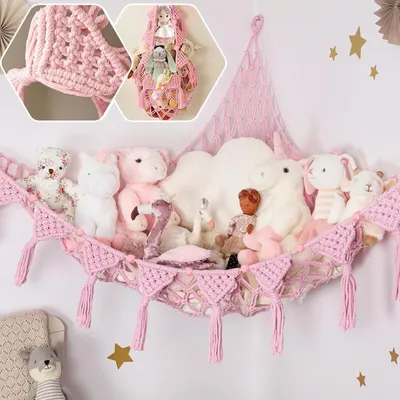 Produktbild von Kuscheltier-Aufbewahrungsnetz - Makramee-Hängematte zur Spielzeugaufbewahrung - Kinderzimmer - Schneeweiß