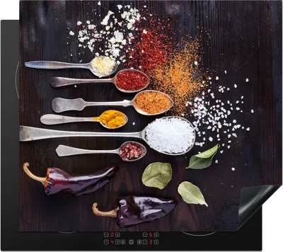 Produktbild von KitchenYeah© Herdabdeckplatte Kräuter - Löffel - Gewürze - Industrie , 60x52cm, Küche Deko, Glaskeramikkochfeld Herdabdeckung, Abdeckplatte fùr Kochfeld