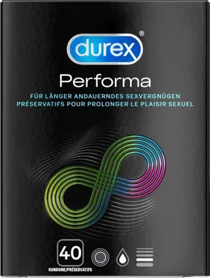 A black box packaging for Durex Performa condoms, featuring the Durex logo, product name, and descriptive text in German and French. A stylized infinity symbol graphic in green, blue, and pink is prominently displayed, along with icons and the quantity '40