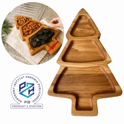 Obrázok produktu pre MB dekoratívna servírovacia doska drevený vianočný stromček z dubového dreva 30×20 cm s certifikátom PZH - doska na občerstvenie 3 priehradky, vianočný darček, prírodná drevená miska