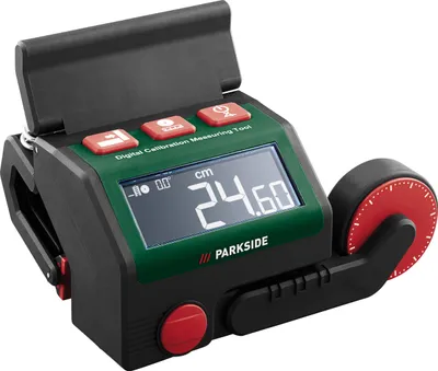 A digital calibration measuring tool with a measuring wheel.