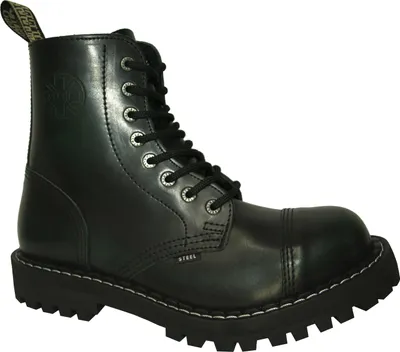 A black leather boot with laces and a thick sole, presented against a white background.