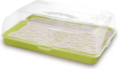 A clear product shot of a green and clear plastic bread box with a white perforated insert.