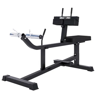 Produktbild von GORILLA SPORTS® Wadenmaschine - 126 x 61 x 100 cm, 5-Fach Höhenverstellbar, mit Aufnahme für 30 mm und 50 mm Hantelscheiben, 2 Federverschlüssen, gepolstert, Schwarz - Wadenstrecker, Wadenrainer