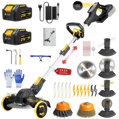 Produktbild von Akku Rasentrimmer, 4-in-1 Rasentrimmer mit 2 Akkus 4.0Ah, Brushless Freischneider mit Unkrautbürste, Sägeblatt, Teleskopstiel, Digitalanzeige