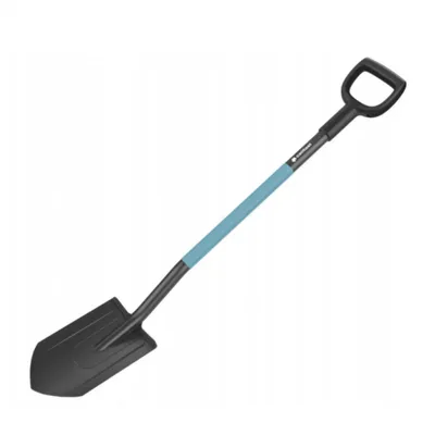 A shovel with a blue handle and black head is shown against a white background.