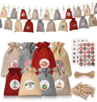 Adventskalender-Set, 24 Jutebeutel mit Kordelzug, DIY, Zahlenaufkleber