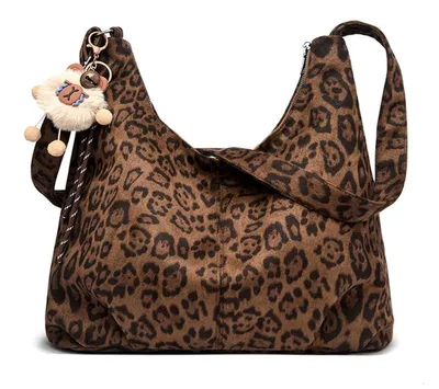 Produktbild von Handtasche Schultertasche Einkaufstasche - Verstellbarer Schultergurt - Hobo-Wildleder - Braun mit Leopardenmuster - Mit Reißverschluss - Für Arbeit, Schule und Reisen