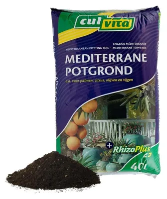 Produktbild von Culvita - Mediterrane Blumenerde 40 Liter inklusive Rhizoplus - Blumenerde für mediterrane Pflanzen z.B. für Olivenbäume, Zitrusfrüchte und Palmen geeignet