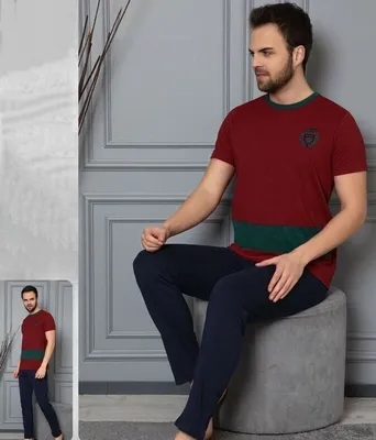Produktbild von Herren Pyjama Schlafanzug Rot M Baumwolle Kurz 2-Teiler Set C-33