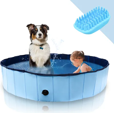 Produktbild von karpal 160 x 30cm Faltbarer Hundepool, Verschleissfest Schwimmbad mit Haustier Badebuerste, rutschfest Swimmingpool fuer Grosse & Kleine Hunde Kinder