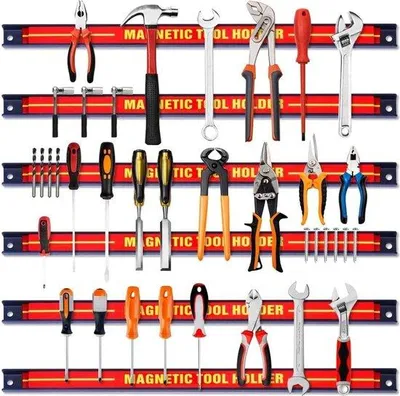 Produktbild von Famanu Magnetische Werkzeugehälter 46 cm - Set von 6 - Wandmontage - Magnetstreifen - Montagematerial - Rot