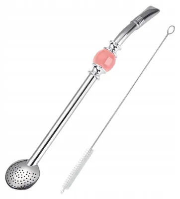 Immagine prodotto di Yerba Mate con cannuccia in acciaio inossidabile e decorazione in pietra rosa, 21 cm + pulitore
