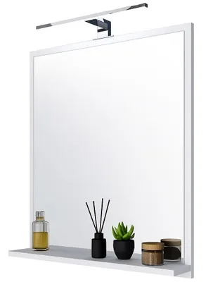 Produktbild von Badspiegel mit 1 Ablage Badezimmerspiegel Spiegel Regal Wandspiegel Hängespiegel Badmöbel Spiegel Flurspiegel für Schlafzimmer Weiß 60X70 LED LAMPE
