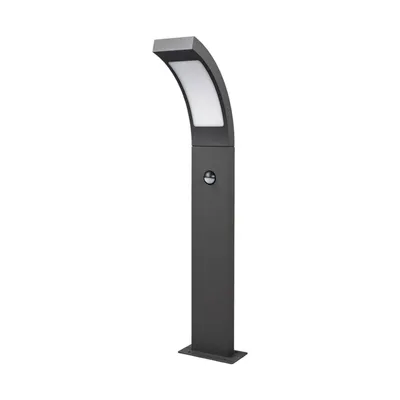 A modern, dark gray LED bollard lamp with a curved, illuminated top, shown against a white background.