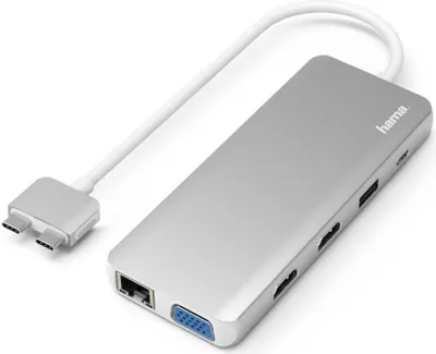 A silver USB-C hub with multiple ports and a white cable connected to two USB-C connectors.