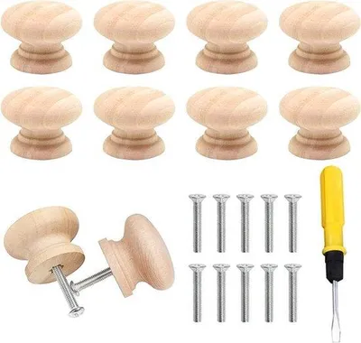 Image de Boutons en bois pour portes et tiroirs, avec vis et tournevis, dimensions 35 x 26 mm, boutons ronds pour cuisine, armoire et commode