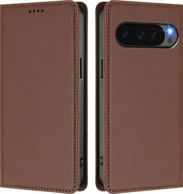 Image de Étui en cuir pour Google Pixel 9 Pro XL/Pixel 10 Pro XL, étui à rabat magnétique en cuirPolyuréthaneavec support, marron