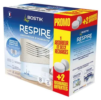 Produktbild von Feuchtigkeitsabsorber Respire+ von Bostik, langanhaltender Schutz vor Feuchtigkeit, inklusive 4 Nachfüllpackungen - Bostik