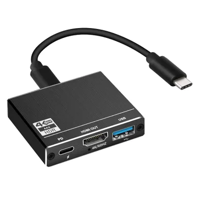 Immagine prodotto di HOPE R hub convertitore 3 in 1, da USB 3.1 Type-C a HDMI 4K@60Hz, porta di ricarica USB 3.0 e USB Type-C, nero