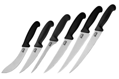 A set of six knives with black handles and silver blades, arranged diagonally on a white background.