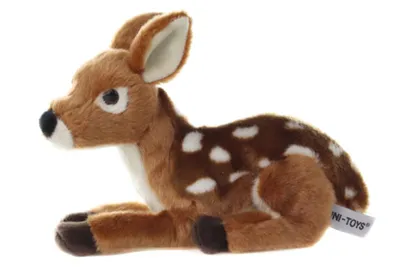 A plush toy deer lying down on a white background.