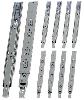 Obrázok produktu pre Ikodm 5 párov koľajníc na zásuvky, dĺžka 400 mm, plný výsuv, 3-dielne, s funkciou jemného zatvárania a automatického zasúvania, nosnosť 45 kg, koľajnice sú vyrobené z ocele