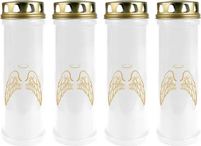 Produktbild von Grabkerze Weiß 4er Pack ( Druck Gold ), 100 Stunden/Kerze, Motiv: Engelsflügel