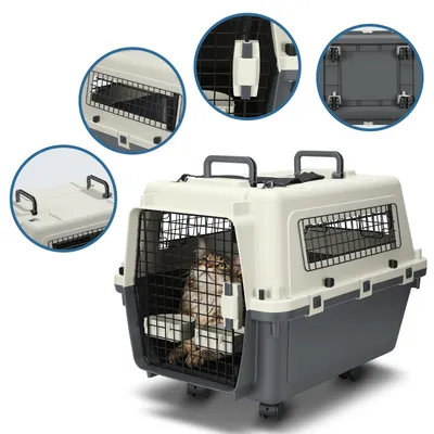 Produktbild von Ikodm Tiertransportbox für Hund und Katze 67,3 x 54,9 x 51,5 cm bis 17,5 kg, Hundebox mit 4 Rollen, Metalltür, Bodengitter, 2 Näpfen und Tragegurt