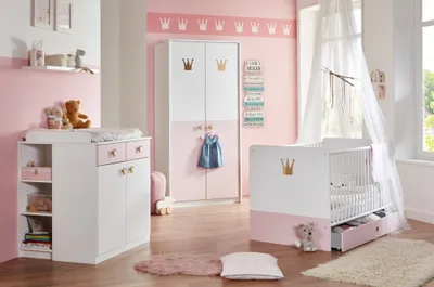 Produktbild von komplett Babyzimmer Cindy 7 teiliges Komplett Set in Weiß und Rosé von Wimex, Babyzimmermöbel komplett