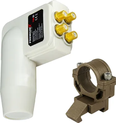 Produktbild von PremiumX LNB Quad 0,1 dB Weiß Quattro Switch zum Direktanschluss von 4 Teilnehmern Digital HDTV Full HD 3D + Universal Adapter für LNB Halterung auch für Kathrein Antennen