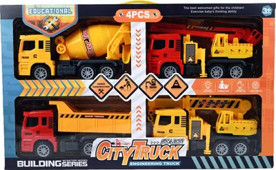 Produktbild von Baustellenfahrzeuge Set 4-tlg - LKW Bagger Kran Betonmischer - Robustes Spielzeugauto Set