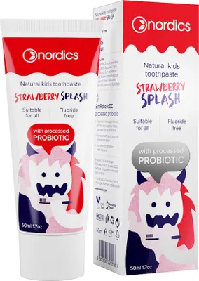 Obrázek produktu pro Nordics Přírodní zubní pasta pro děti s jahodovou příchutí a probiotiky 50 ml