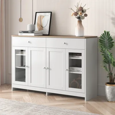 Productafbeelding van AIORBER Dressoir, buffetkast, met 2 lades, 4 deuren, verstelbare legplanken, glazen deuren, geschikt voor eetkamer of keuken, 120 x 37 x 80 cm, wit